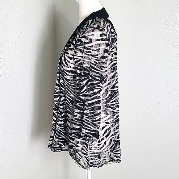 Slinky Brand Black & White Cardigan Sheer Top, Criss-Cross Cut-outs, Sz Small - Picture 5 of 9